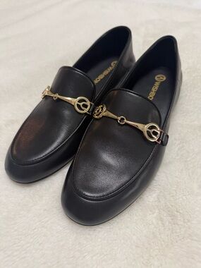 WISHBONE Leather Bit Loafers Black and Gold